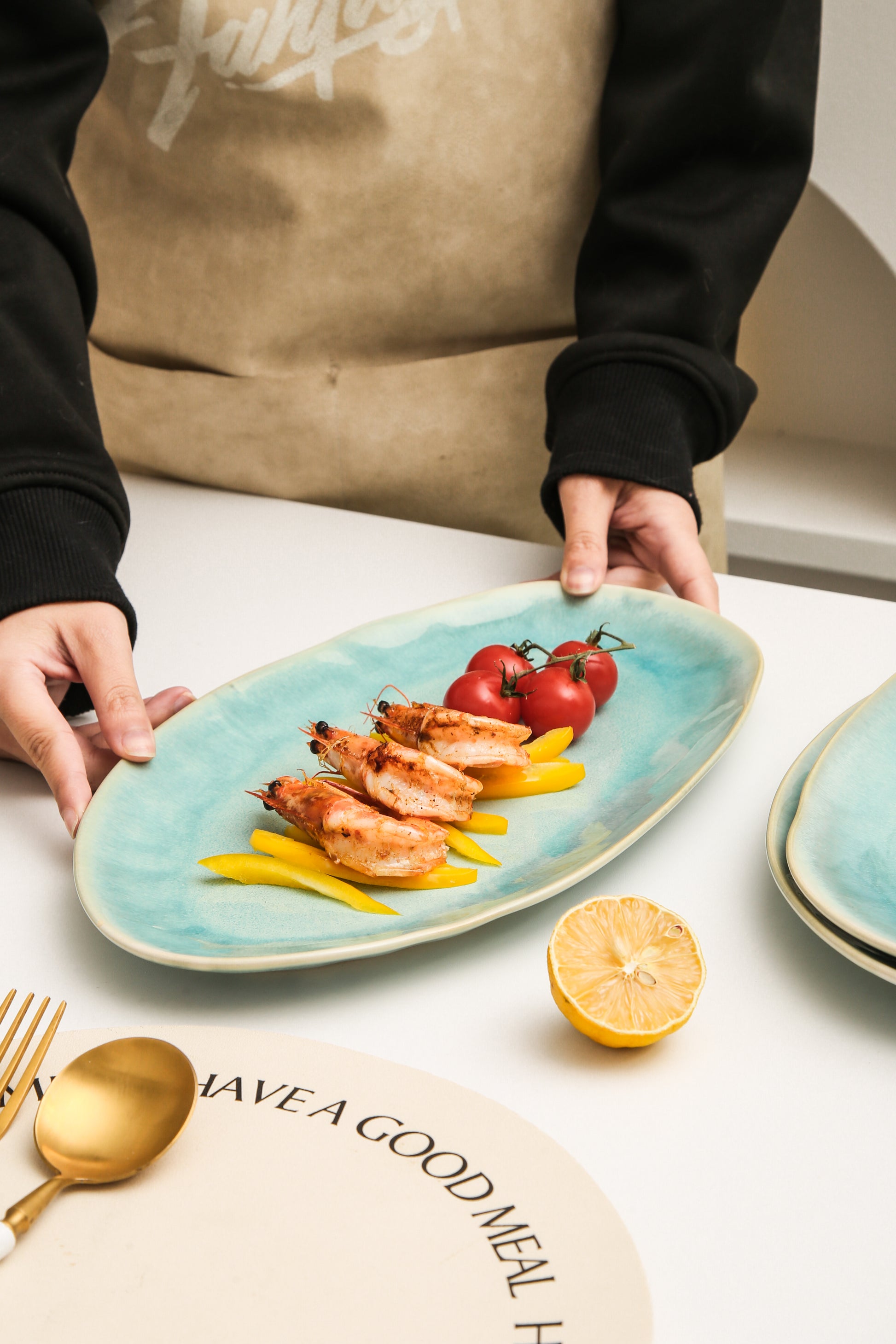 3-Piece Stoneware Serving Platter Set in Aqua Blue